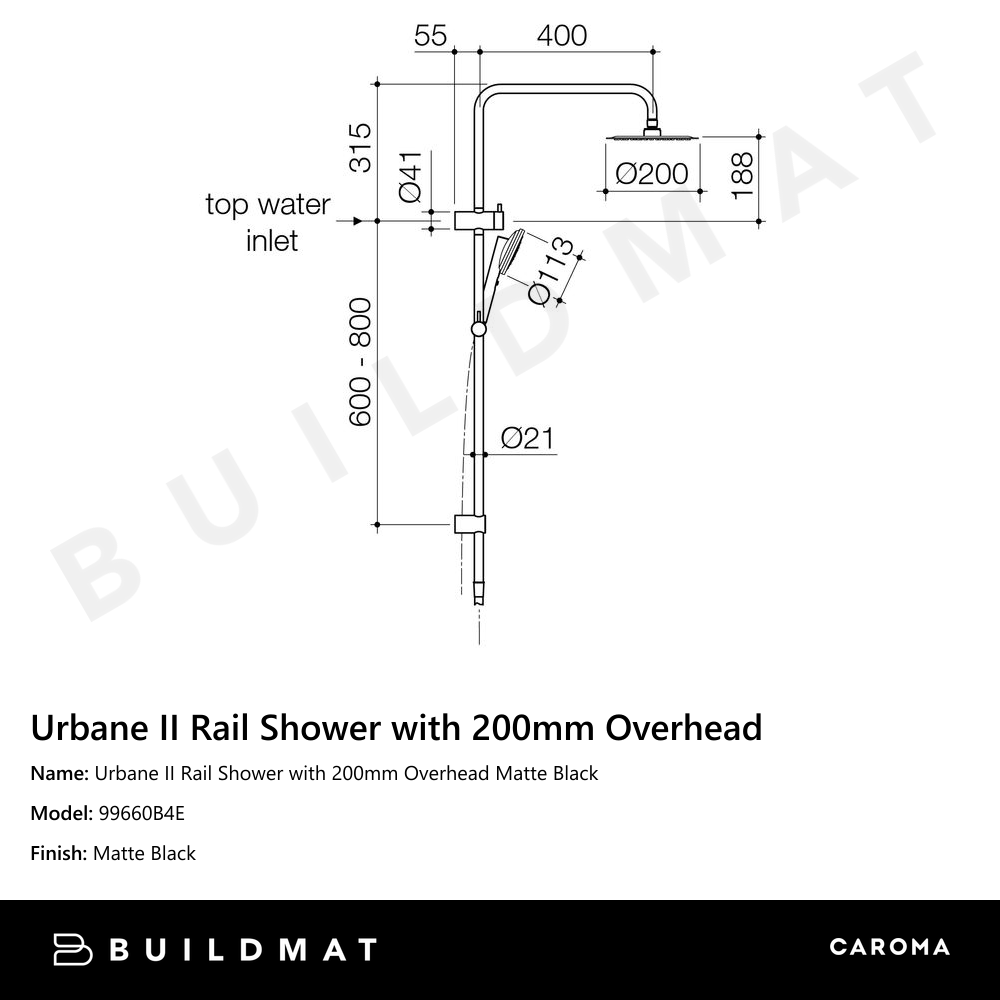 Urbane II Rail Shower with 200mm Overhead Matte Black