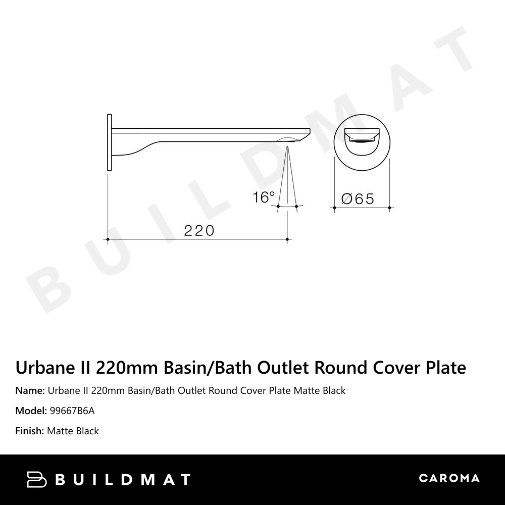 Urbane II 220mm Basin/Bath Outlet Round Cover Plate Matte Black