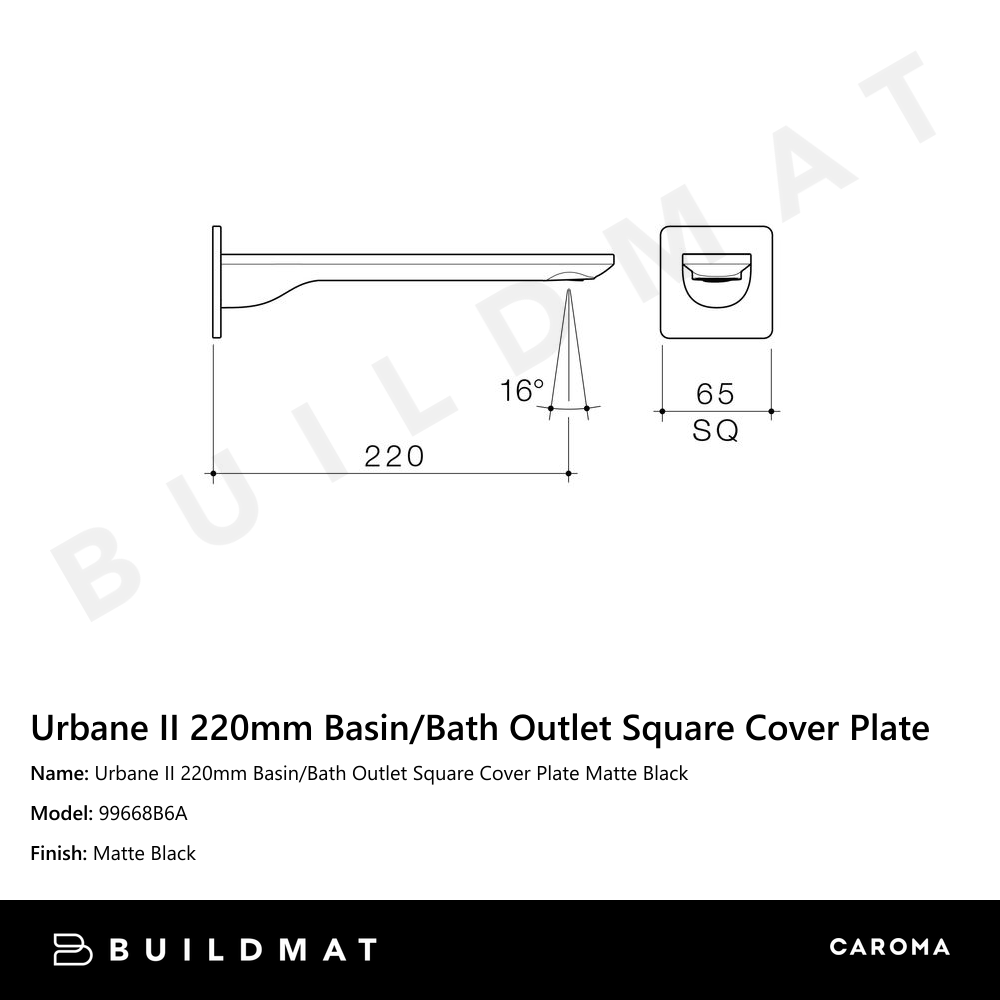 Urbane II 220mm Basin/Bath Outlet Square Cover Plate Matte Black