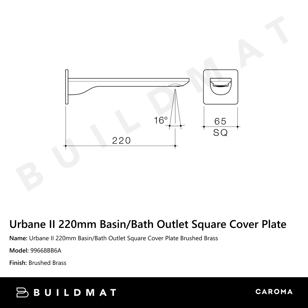 Urbane II 220mm Basin/Bath Outlet Square Cover Plate Brushed Brass