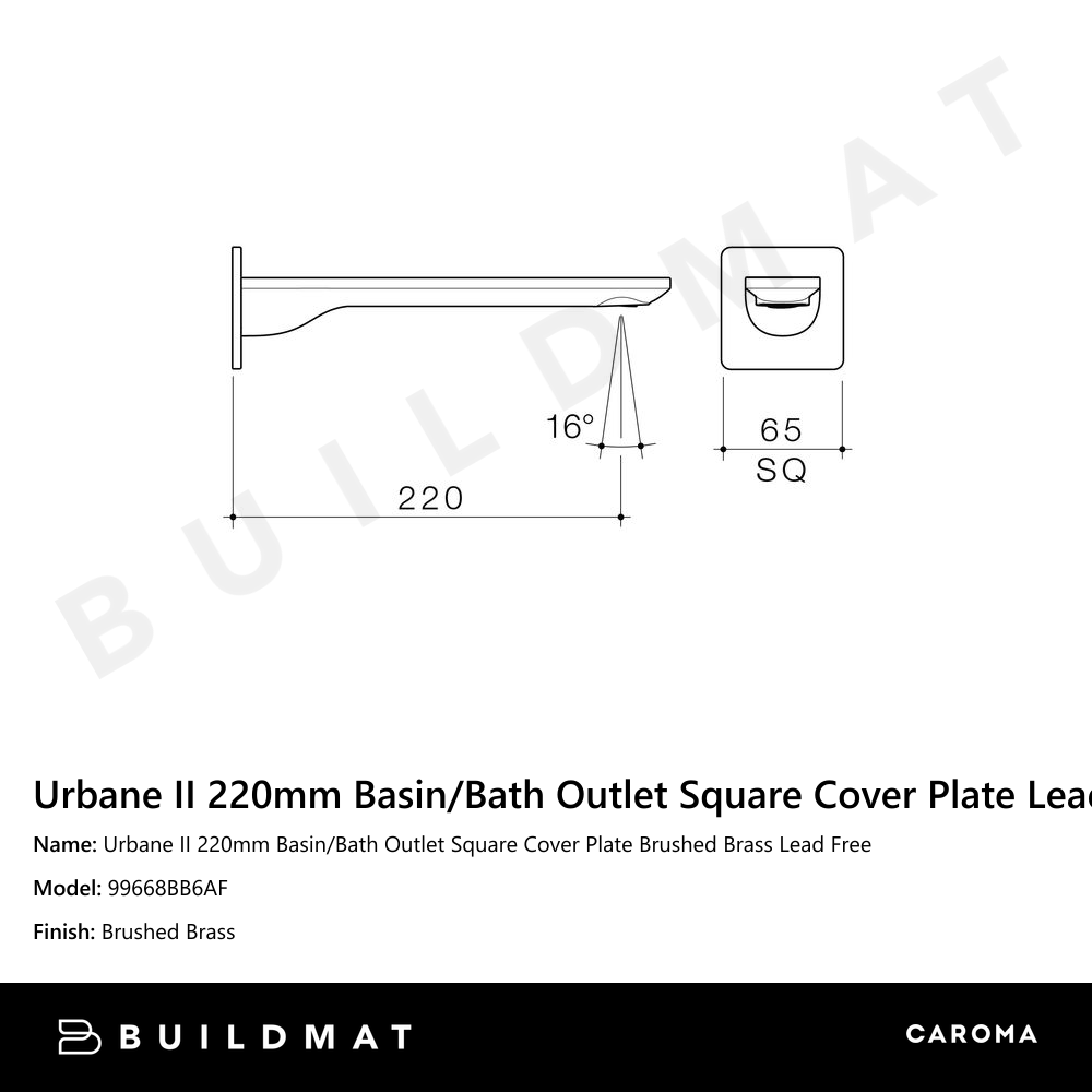 Urbane II 220mm Basin/Bath Outlet Square Cover Plate Brushed Brass Lead Free