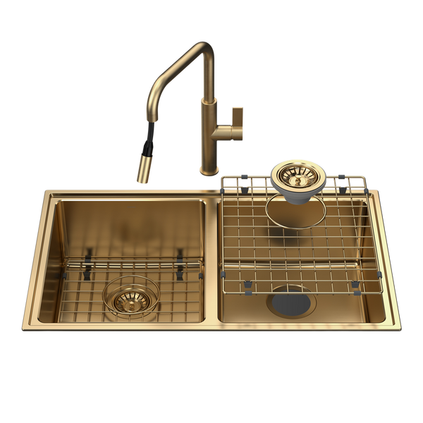 Urbane II Double Bowl Sink with Urbane II Pull Out Sink Mixer Brushed Brass