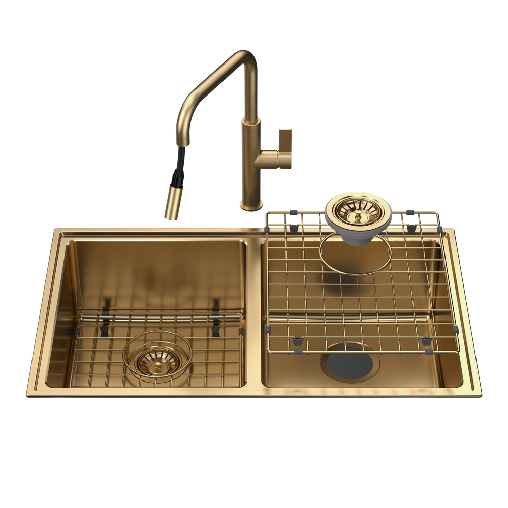 Urbane II Double Bowl Sink with Urbane II Pull Out Sink Mixer Brushed Brass