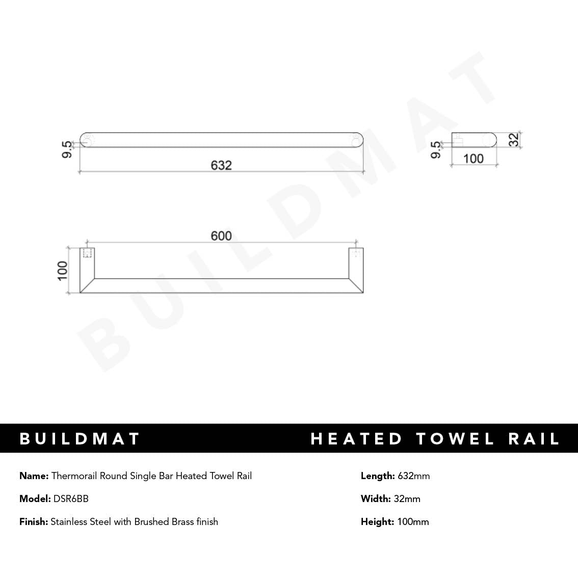 Round Single Bar Heated Towel Rail Brushed Brass
