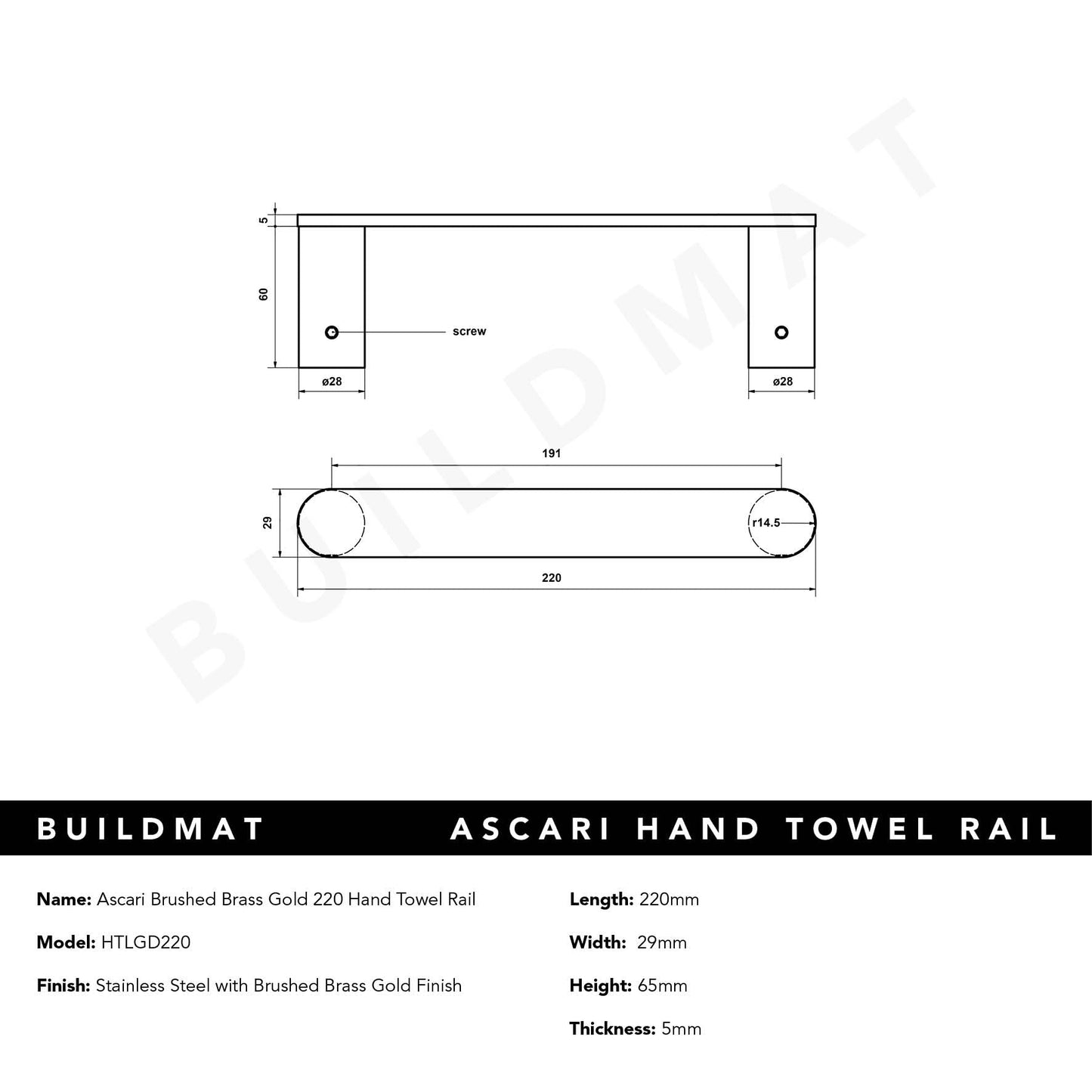 Ascari Brushed Brass Gold 220 Hand Towel Rail