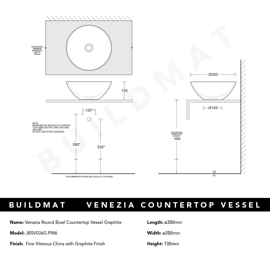 Venezia Graphite Round Bowl Countertop Vessel