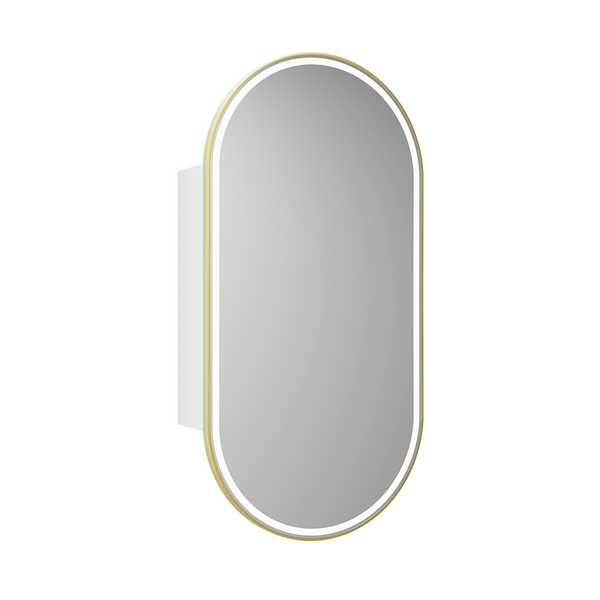 Beau Monde Oblong LED Matte White Shaving Cabinet With Brushed Gold Frame