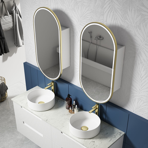 Beau Monde Oblong LED Matte White Shaving Cabinet With Brushed Gold Frame - Brushed Gold