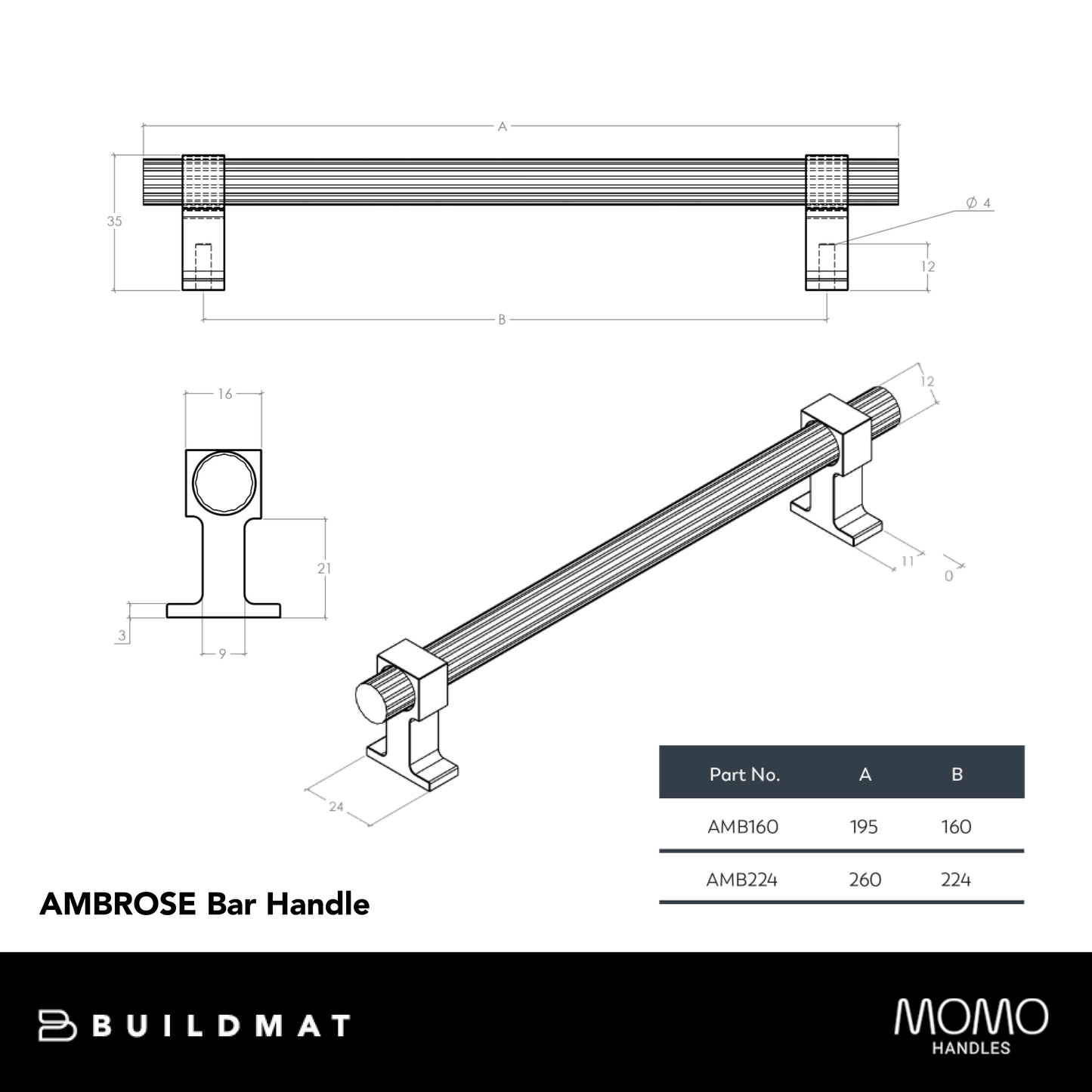 Momo Ambrose Bar Handle 224mm Antique Bronze Matte