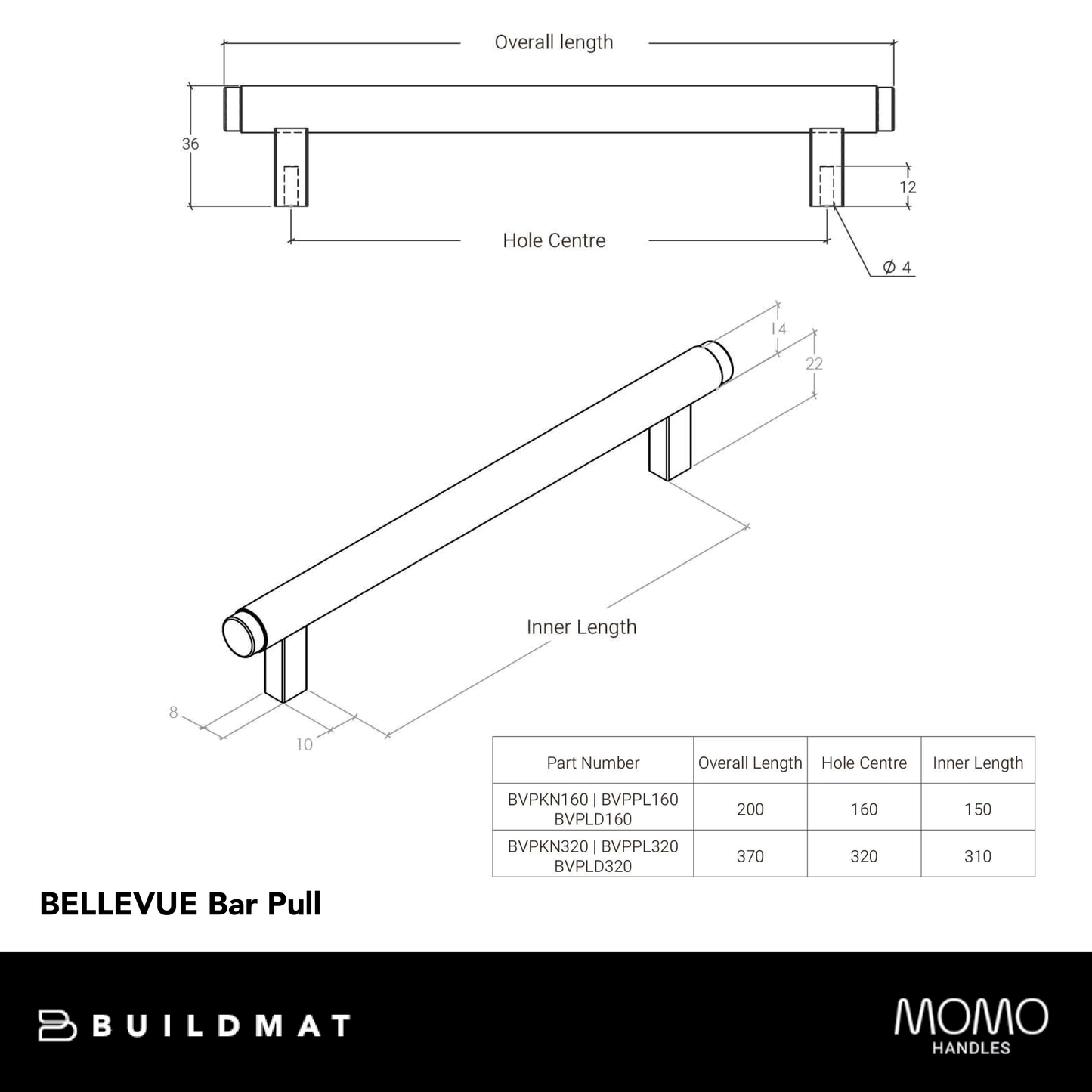 Momo Bellevue Solid Brass Knurled Bar Pull 160mm Matte Black