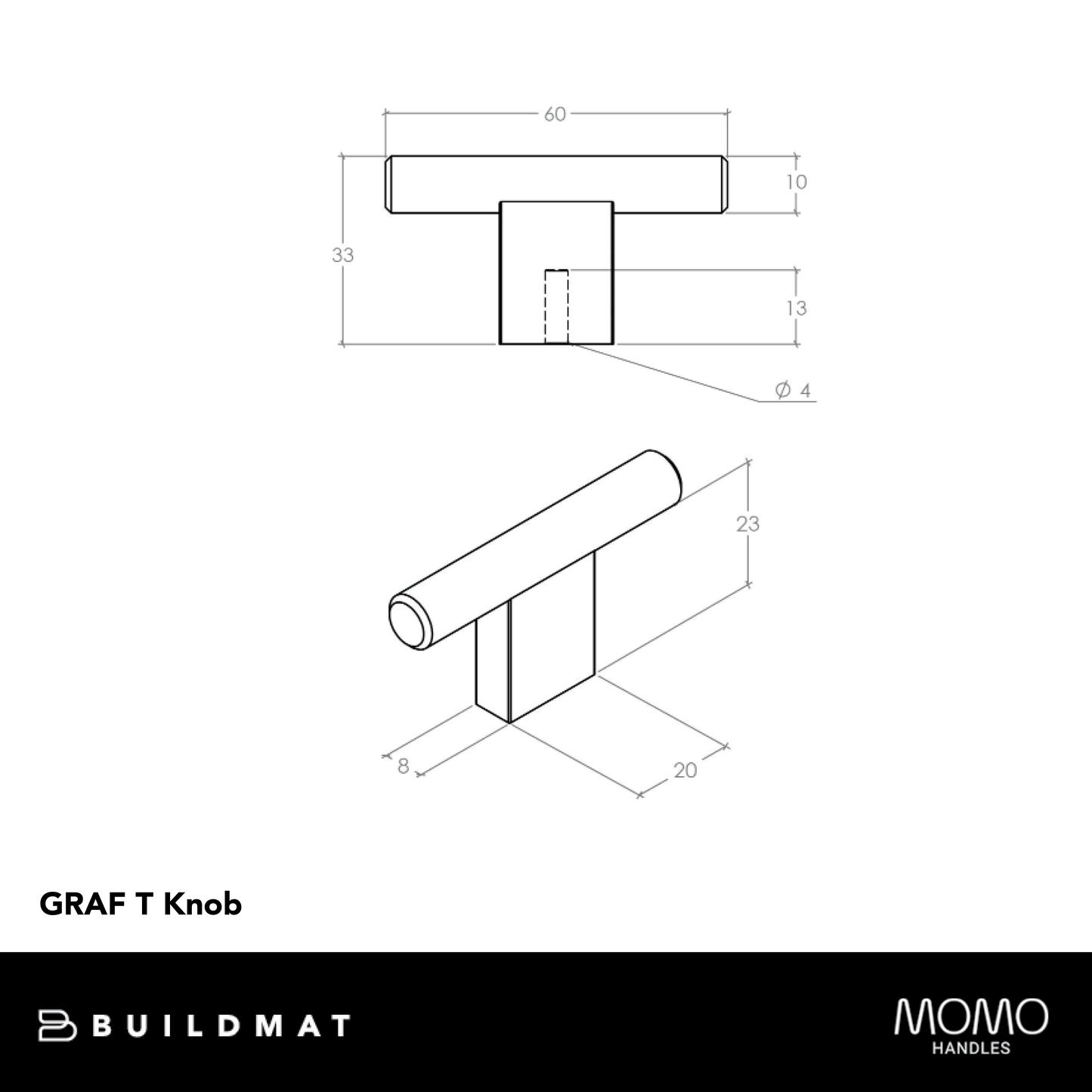 Momo Graf Knurled T Knob 60mm Dull Brushed Nickel