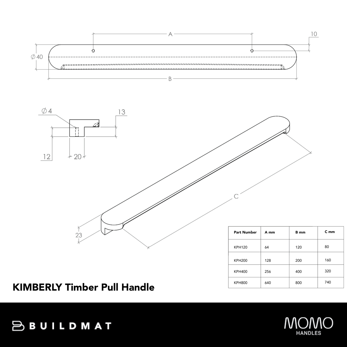 Momo Kimberley Timber Pull Handle 400mm Raw American Oak