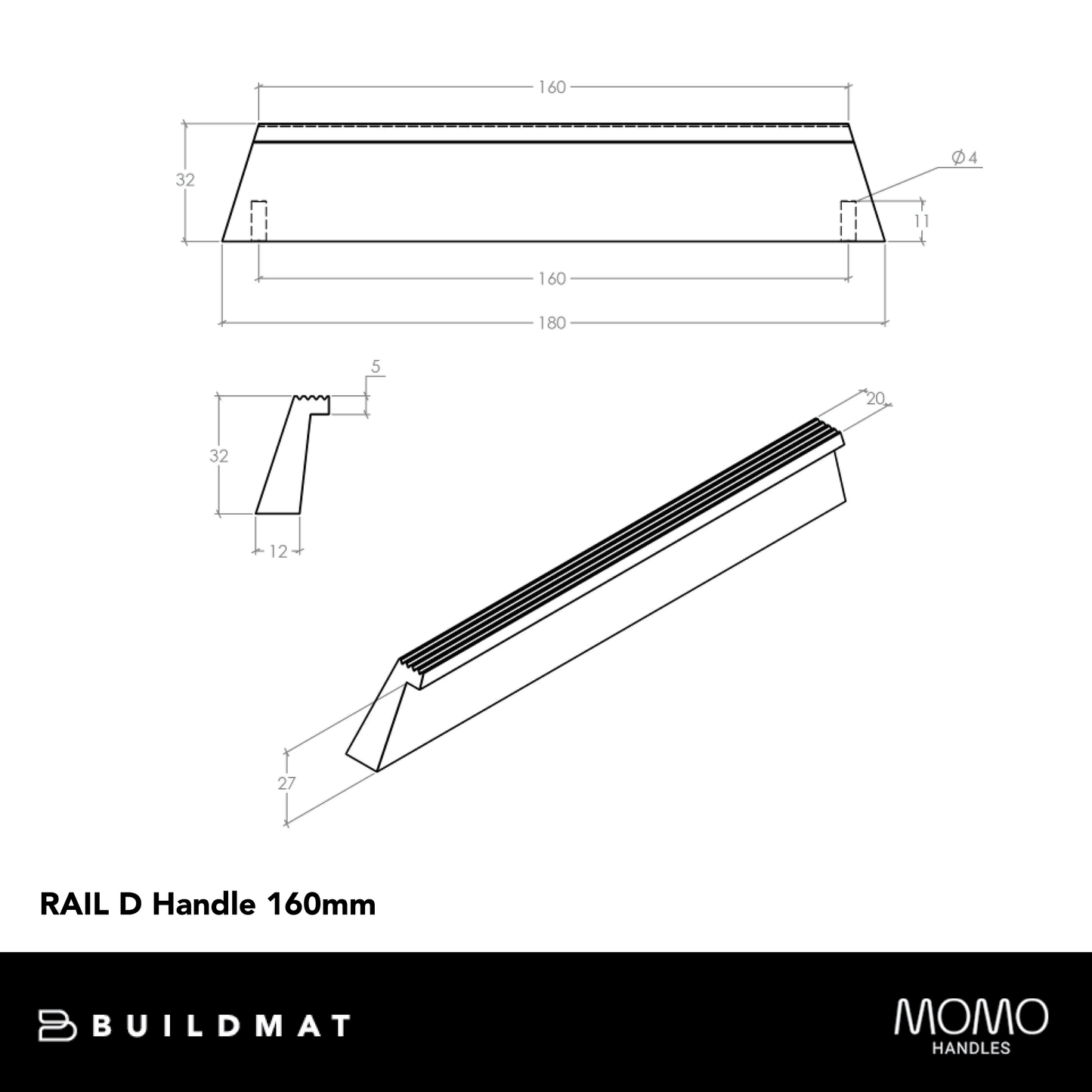 Momo Rail D Handle 160mm Brushed Dark Brass