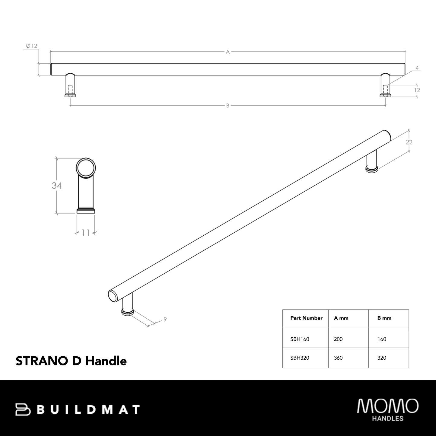Momo Strano D Handle 160mm Dull Brushed Nickel