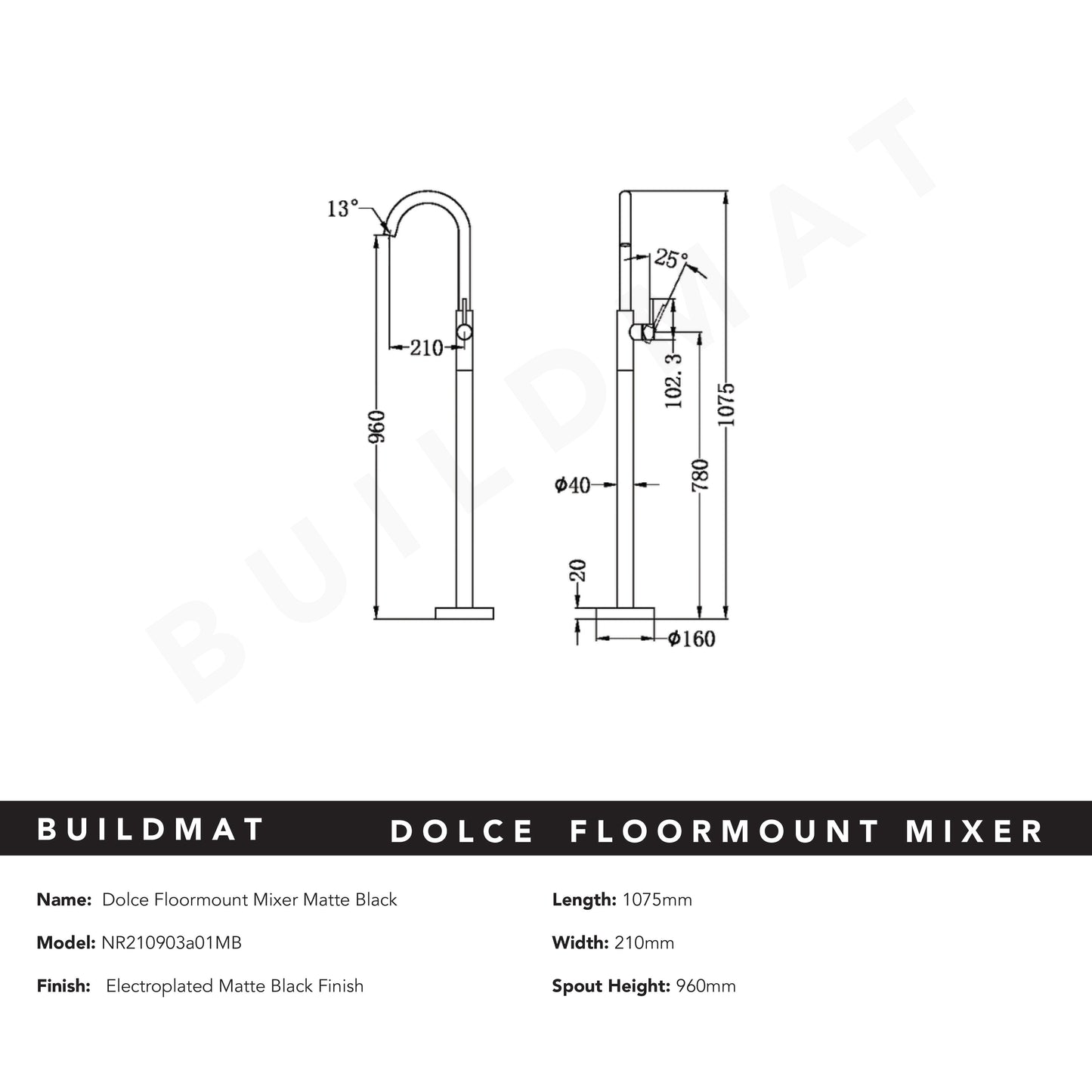 Dolce Floormount Bath Mixer Matte Black