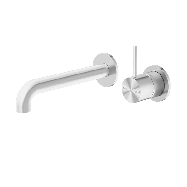 Mecca Wall Basin Mixer Separate Back Plate Handle Up 185mm Spout Brushed Nickel