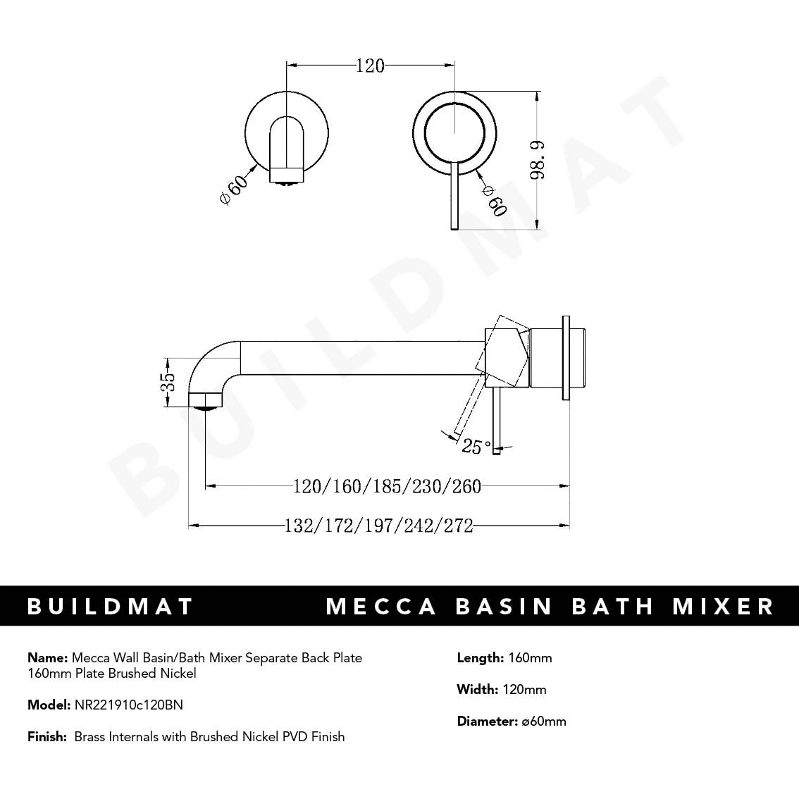 Mecca Wall Basin/Bath Mixer Separate Back Plate 160mm Spout Brushed Nickel