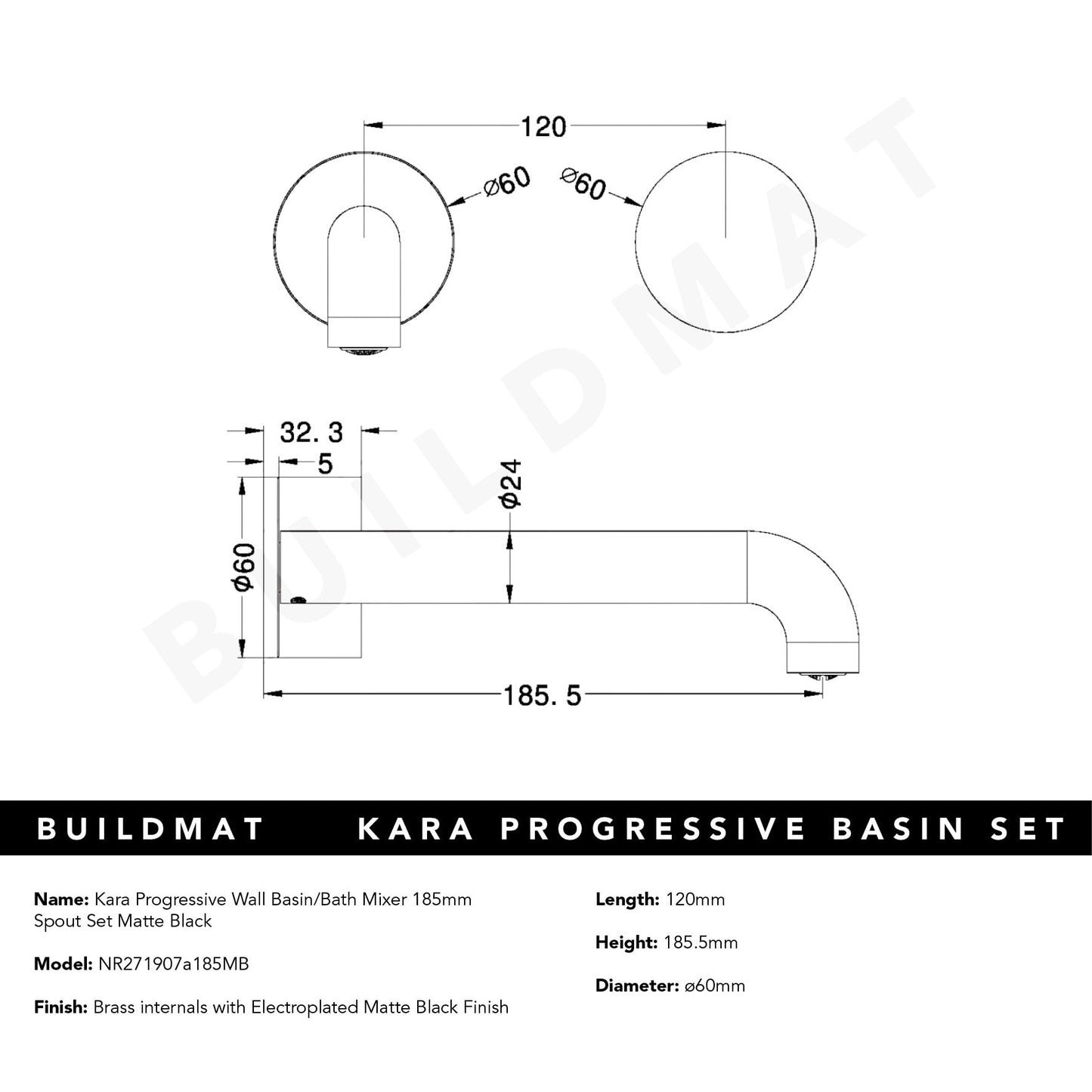 Kara Progressive Wall Basin/Bath Set 185mm Matte Black