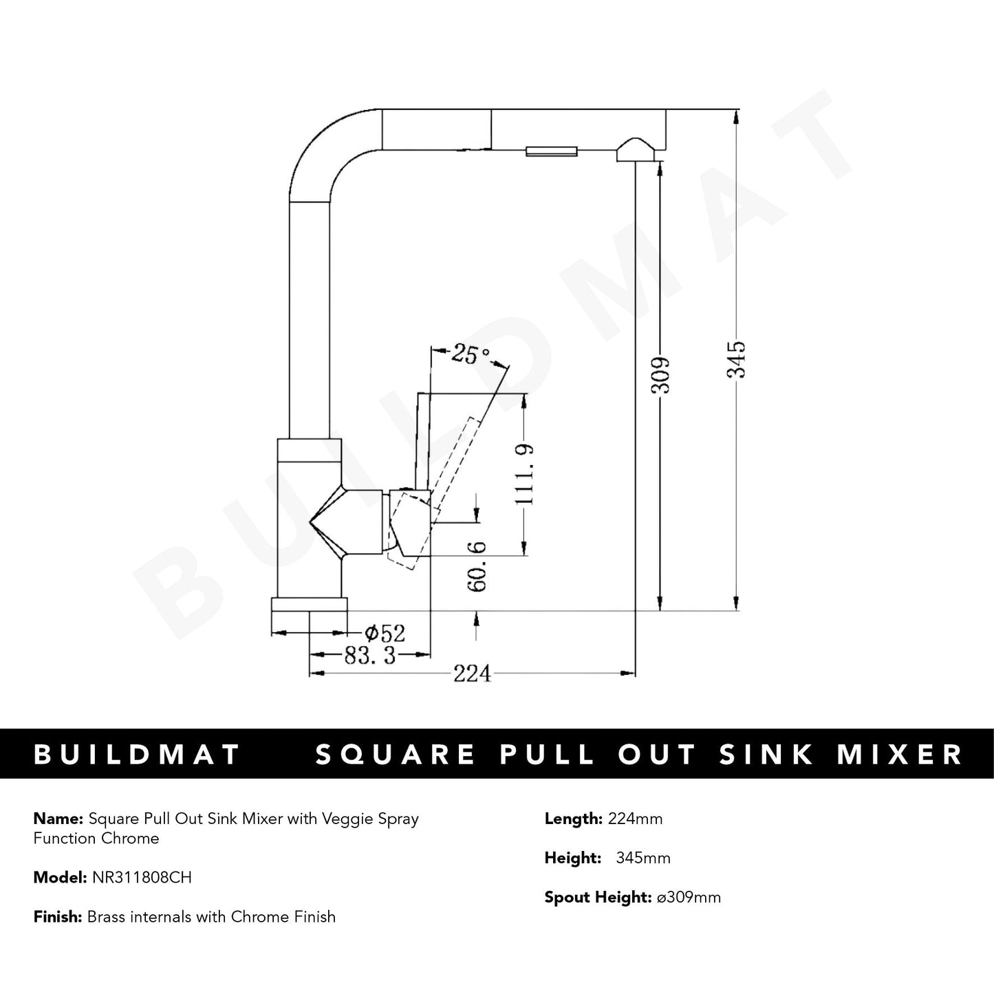 Square Pull Out Sink Mixer With Veggie Spray Function Chrome