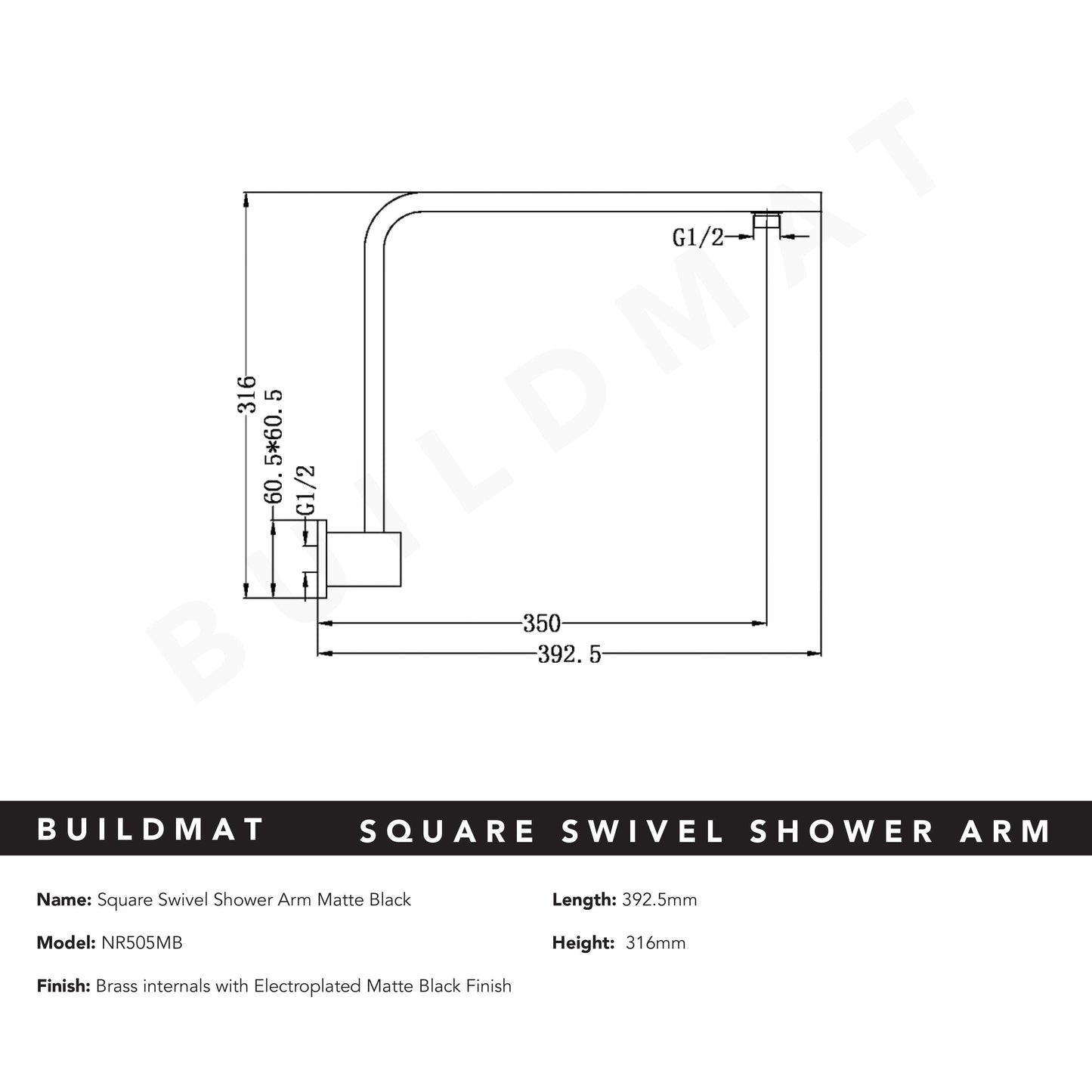 Square Swivel Shower Arm Matte Black