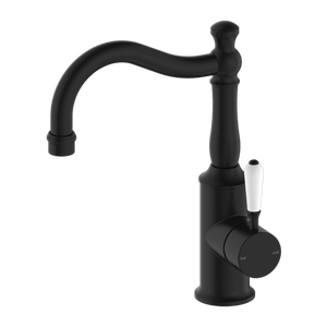 York Basin Mixer Hook Spout with White Porcelain Lever Matte Black - Matte Black