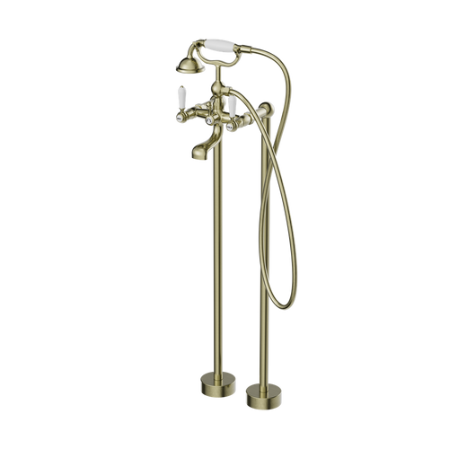 York Freestanding Bath Mixer With White Porcelain Hand Shower Aged Brass