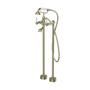 York Freestanding Bath Mixer With White Porcelain Hand Shower Aged Brass - Aged Brass