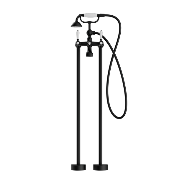 York Freestanding Bath Mixer With White Porcelain Hand Shower Matte Black