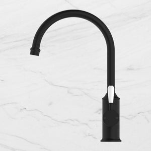 York Kitchen Mixer Gooseneck Spout with White Porcelain Lever Matte Black - Matte Black
