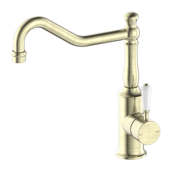 York Kitchen Mixer Hook Spout with White Porcelain Lever Aged Brass