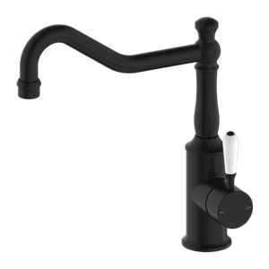 York Kitchen Mixer Hook Spout with White Porcelain Lever Matte Black - Matte Black