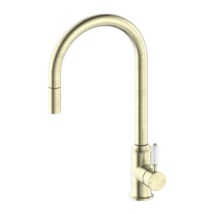 York Pull Out Sink Mixer with Vegie Spray Function with White Porcelain Lever Aged Brass - Aged Brass