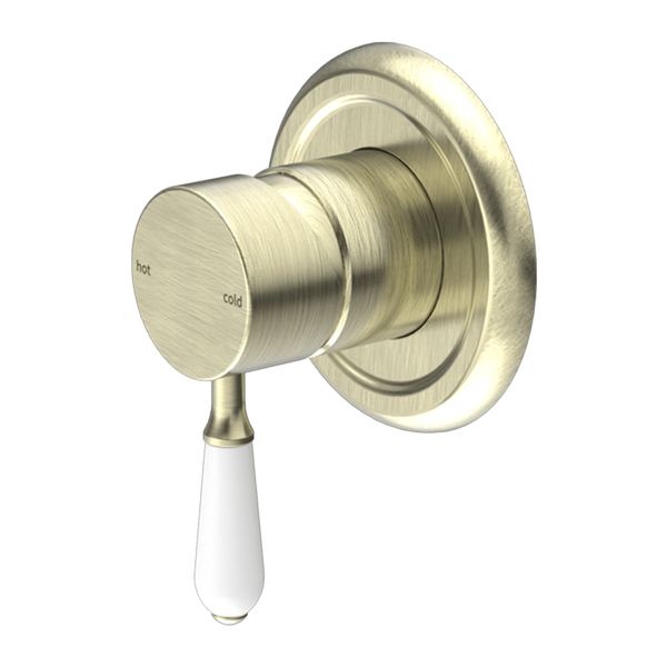York Shower Mixer with White Porcelain Lever Aged Brass
