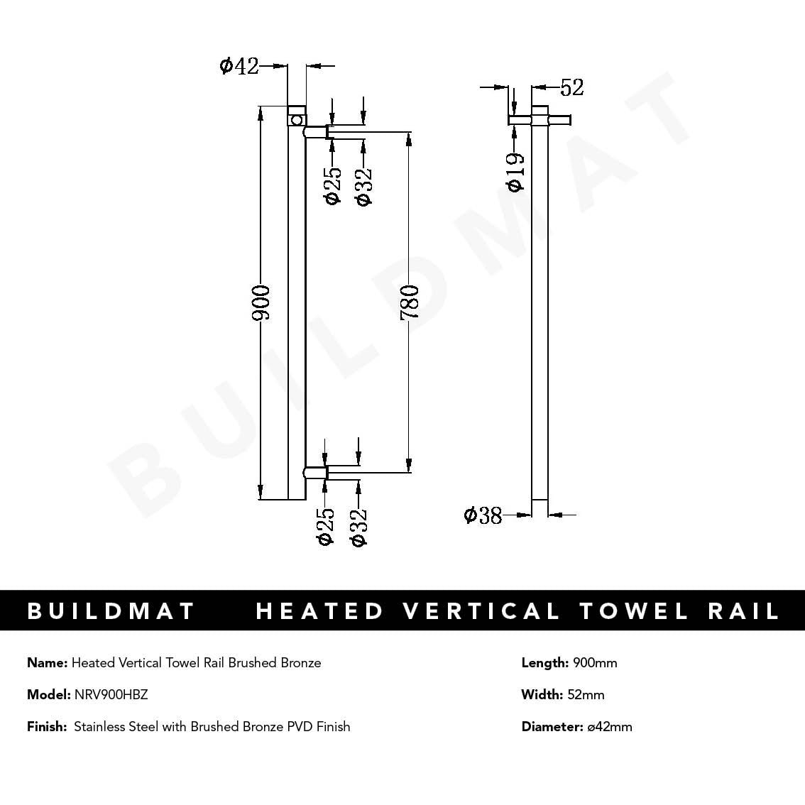 Heated Vertical Towel Rail Brushed Bronze