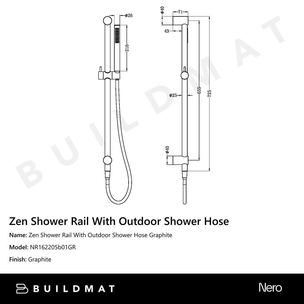 Zen Shower Rail With Outdoor Shower Hose Graphite
