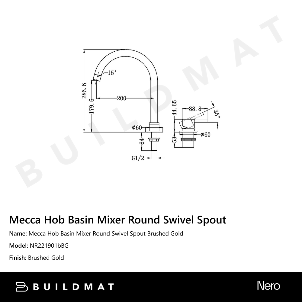 Mecca Hob Basin Mixer Round Swivel Spout Brushed Gold