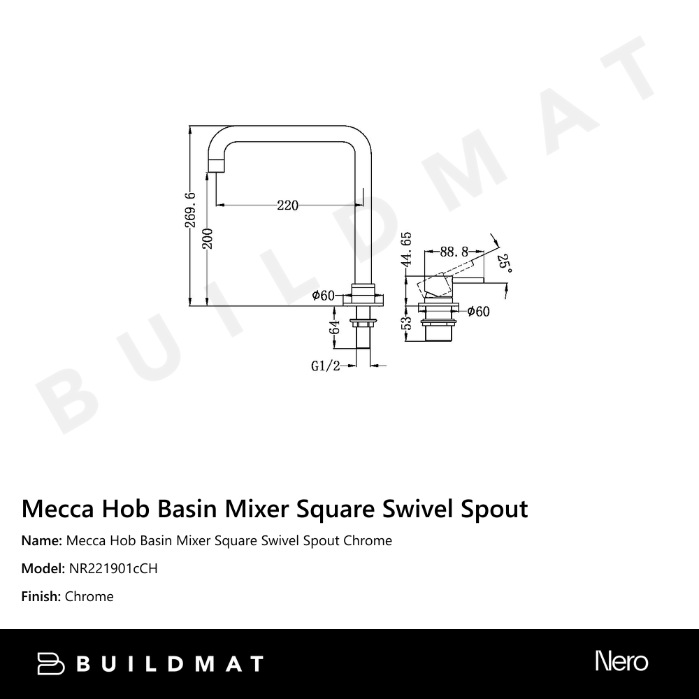 Mecca Hob Basin Mixer Square Swivel Spout Chrome