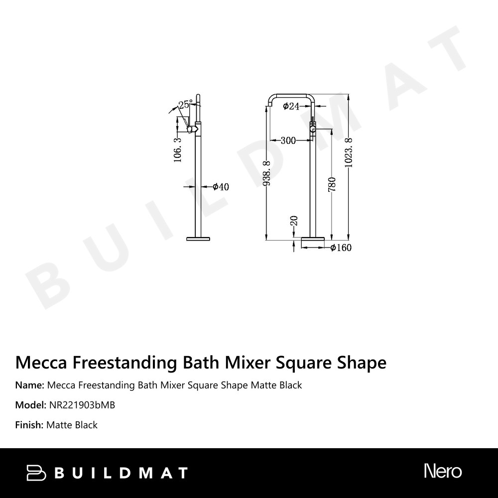Mecca Freestanding Bath Mixer Square Shape Matte Black