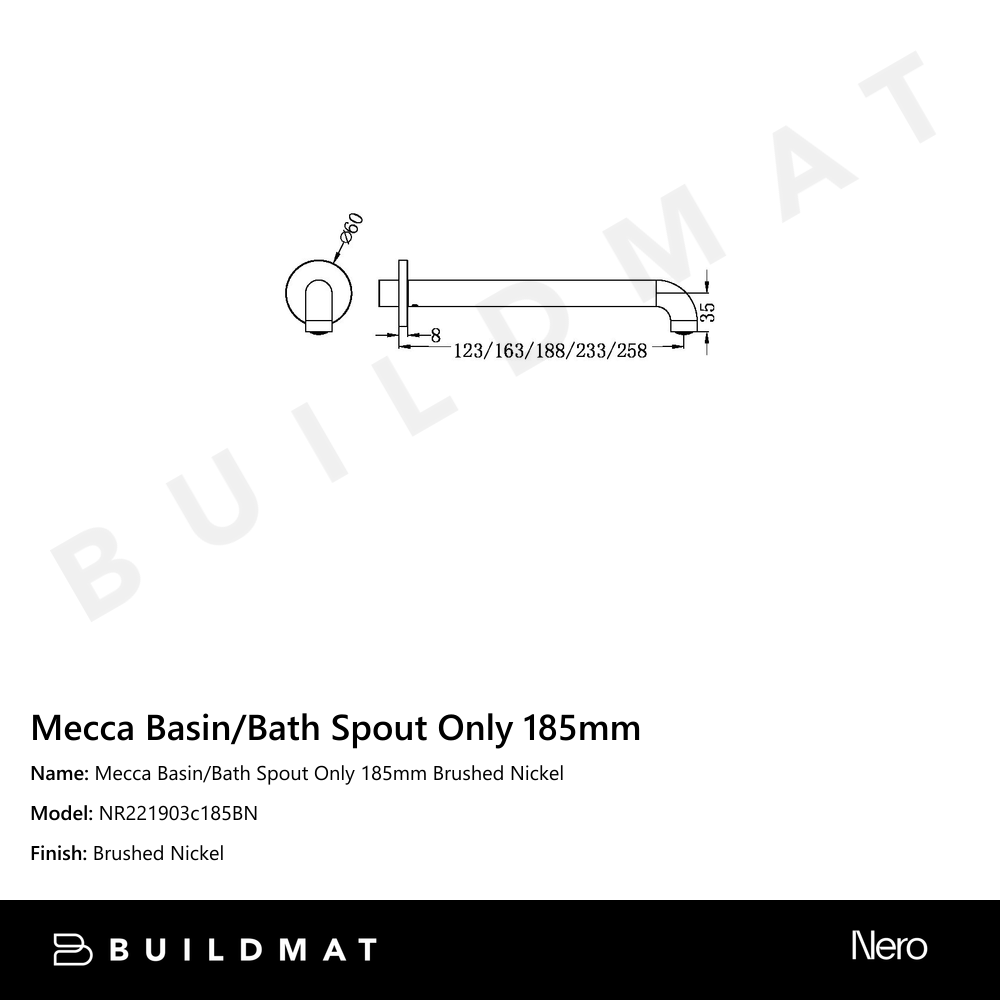 Mecca Basin/Bath Spout Only 185mm Brushed Nickel