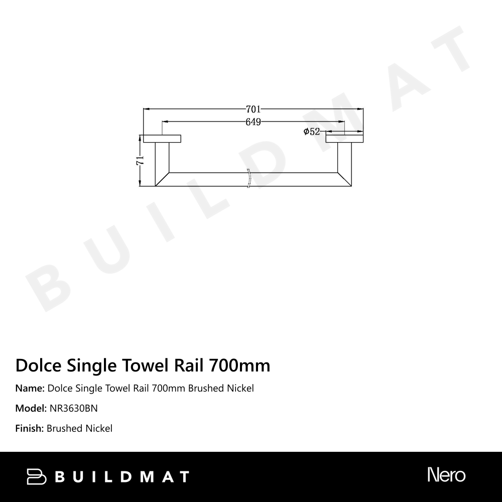 Dolce Single Towel Rail 700mm Brushed Nickel