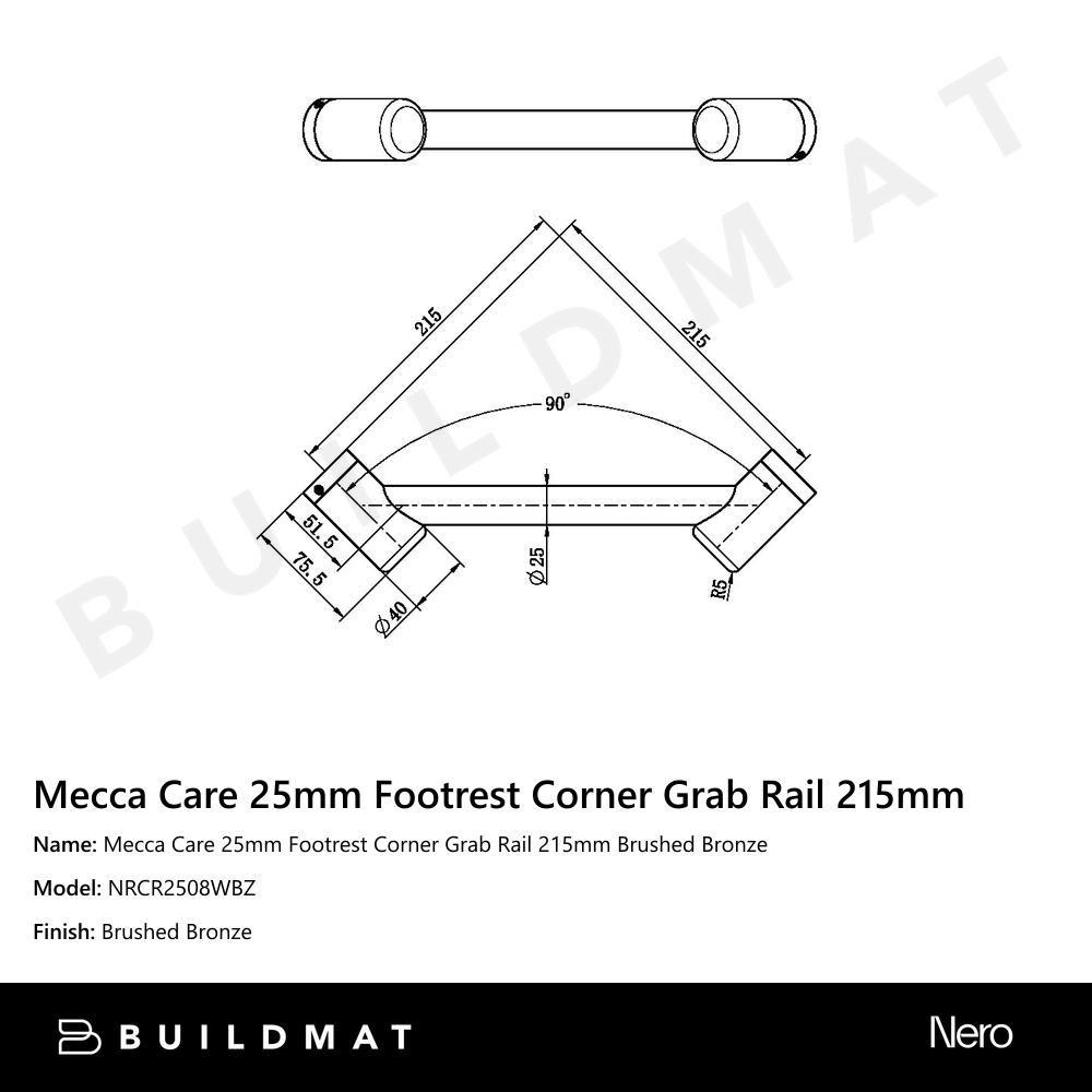 Mecca Care 25mm Footrest Corner Grab Rail 215mm Brushed Bronze