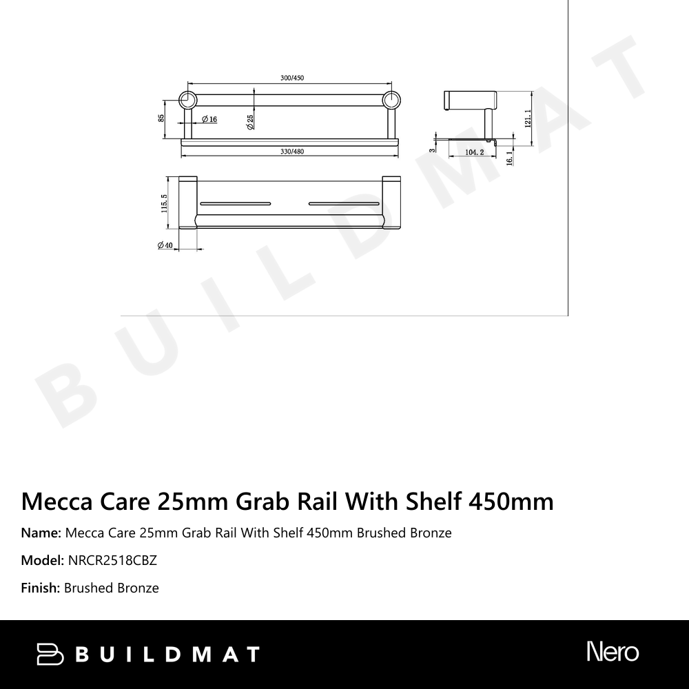 Mecca Care 25mm Grab Rail With Shelf 450mm Brushed Bronze