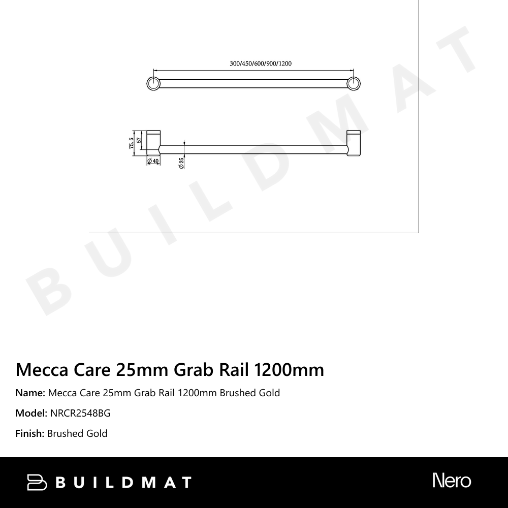 Mecca Care 25mm Grab Rail 1200mm Brushed Gold