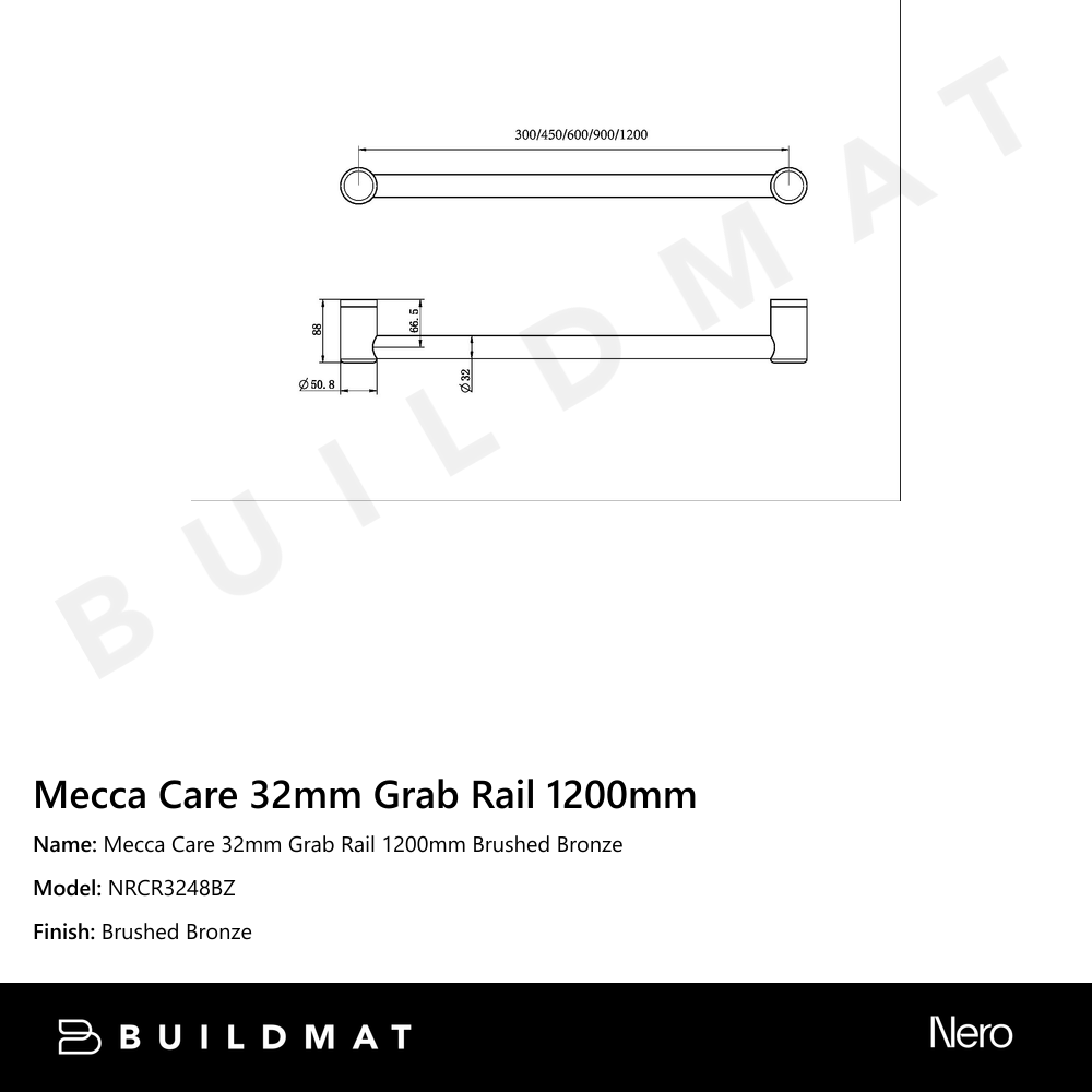 Mecca Care 32mm Grab Rail 1200mm Brushed Bronze