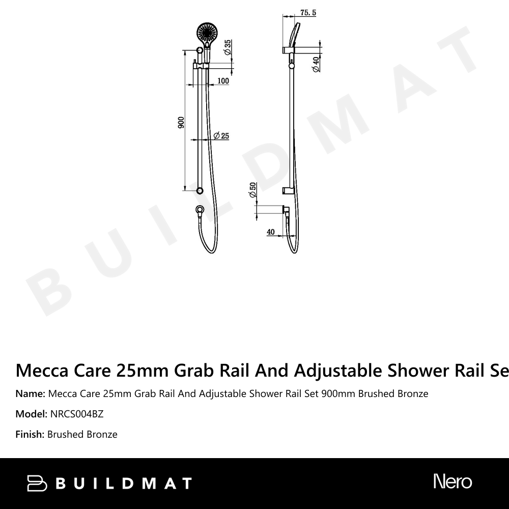 Mecca Care 25mm Grab Rail And Adjustable Shower Rail Set 900mm Brushed Bronze