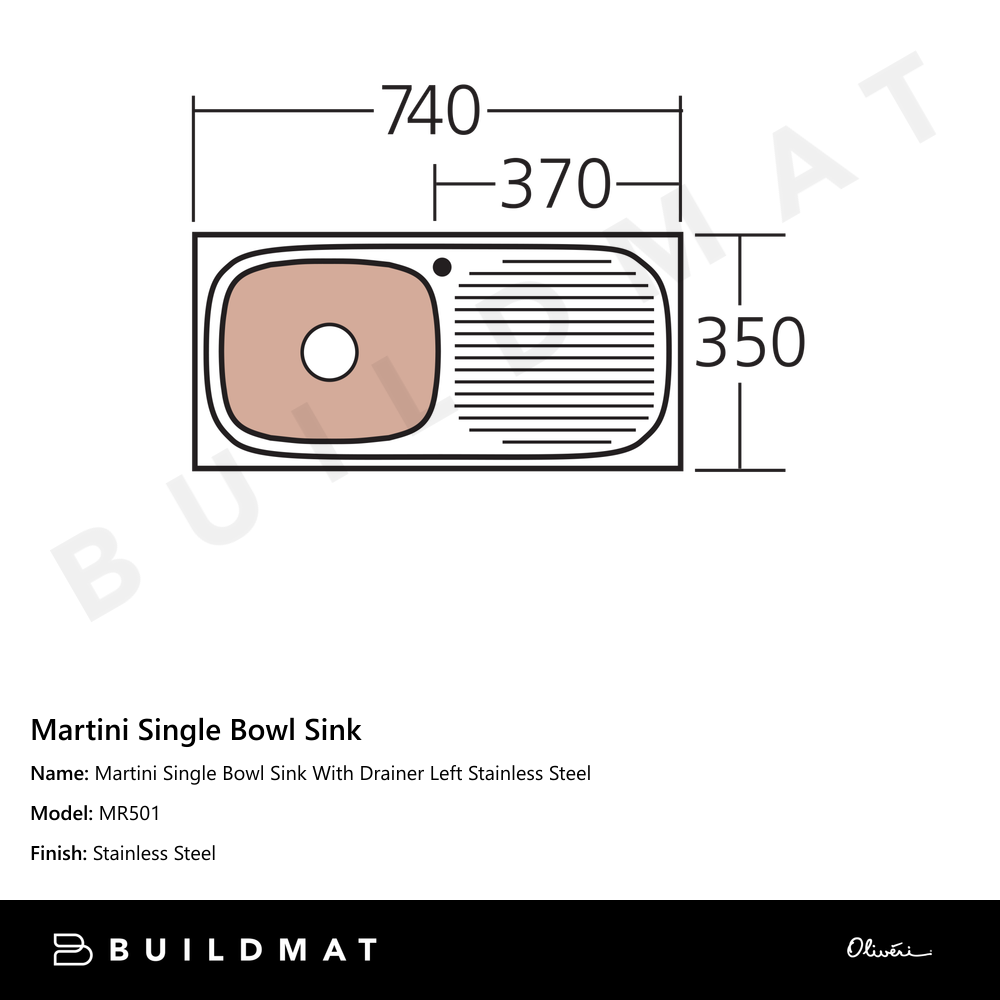 Martini Single Bowl Sink With Drainer Left Stainless Steel