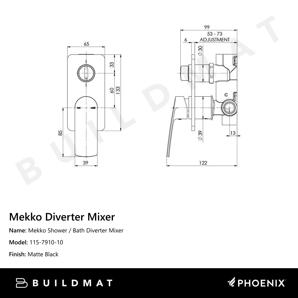 Mekko Shower / Bath Diverter Mixer Matte Black