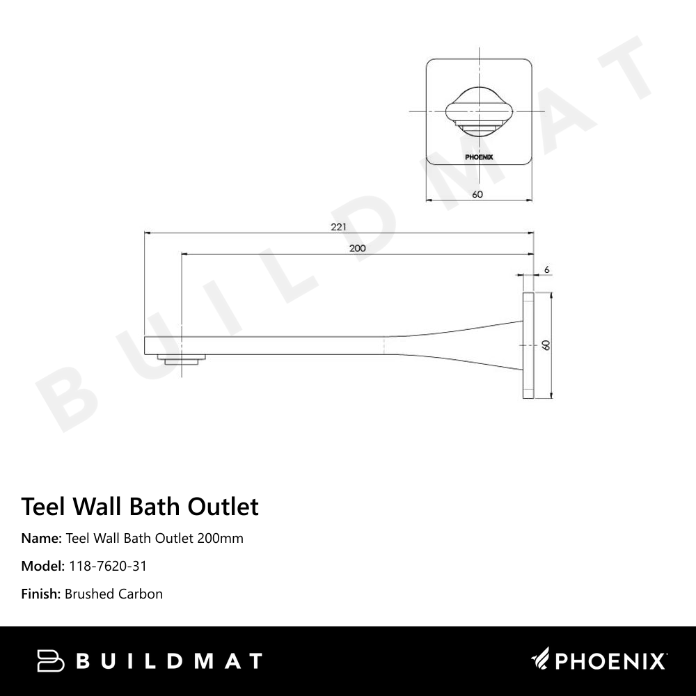 Teel Wall Bath Outlet 200mm Brushed Carbon