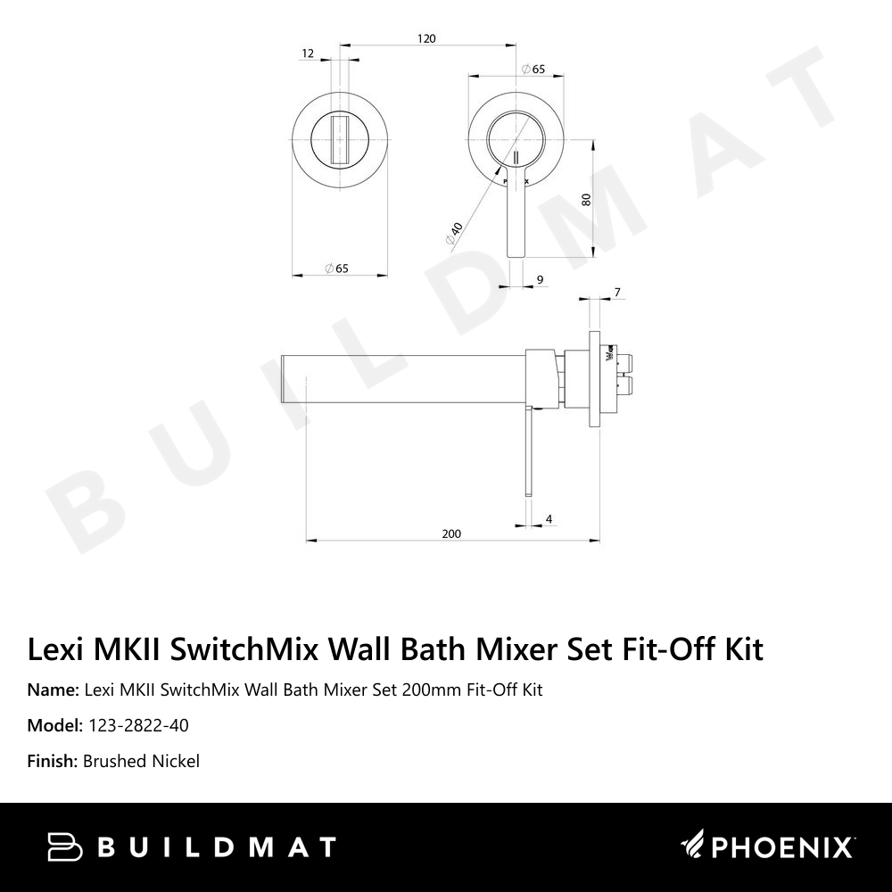 Lexi MKII SwitchMix Wall Bath Mixer Set 200mm Fit-Off Kit  Brushed Nickel