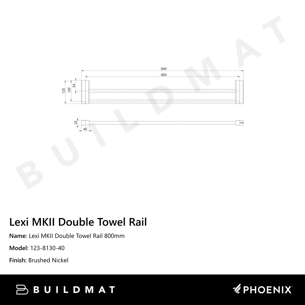 Lexi MKII Double Towel Rail 800mm Brushed Nickel